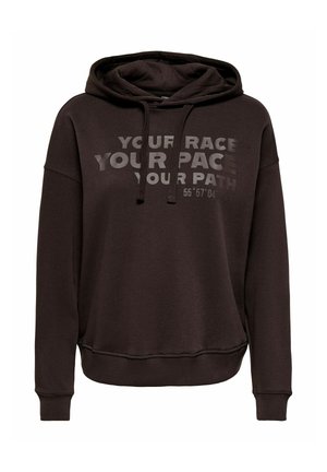 Felpa con cappuccio marrone scuro con testo frontale ""YOUR RACE YOUR PACE YOUR PATH"" e coulisse sul cappuccio.