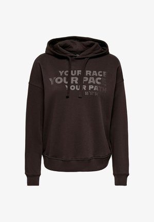 Sweat à capuche marron foncé avec texte devant indiquant ""YOUR RACE YOUR PACE YOUR PATH"" et cordons sur la capuche.