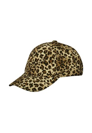 Casquette de baseball à motif léopard marron et noir couvrant toute la surface sur fond blanc.