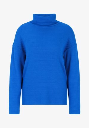 Sininen pooloneule, jossa on teksturoitu, ribattu kuvio, löysä istuvuus ja pitkät hihat. Kangas vaikuttaa pehmeältä ja siinä on kirkas sävy.