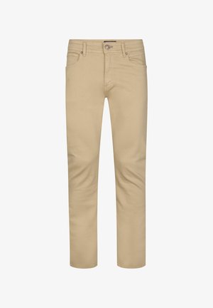 Pantaloni di cotone beige con vestibilità dritta, cinque tasche e chiusura con zip. Presentano dettagli di cucitura e un bottone in metallo.