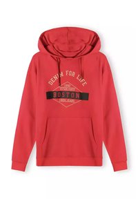 Czerwona bawełniana bluza z kapturem, z kieszenią z przodu, z sznurkiem do regulacji kaptura oraz graficznym wzorem przedstawiającym "DENIM FOR LIFE", "BOSTON" oraz "1990."