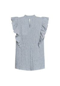 Blå og hvid stribet ærmeløs bluse med flæser på skuldrene og en nøglehulåbning bagpå, fremstillet af letvægts, tekstureret stof.