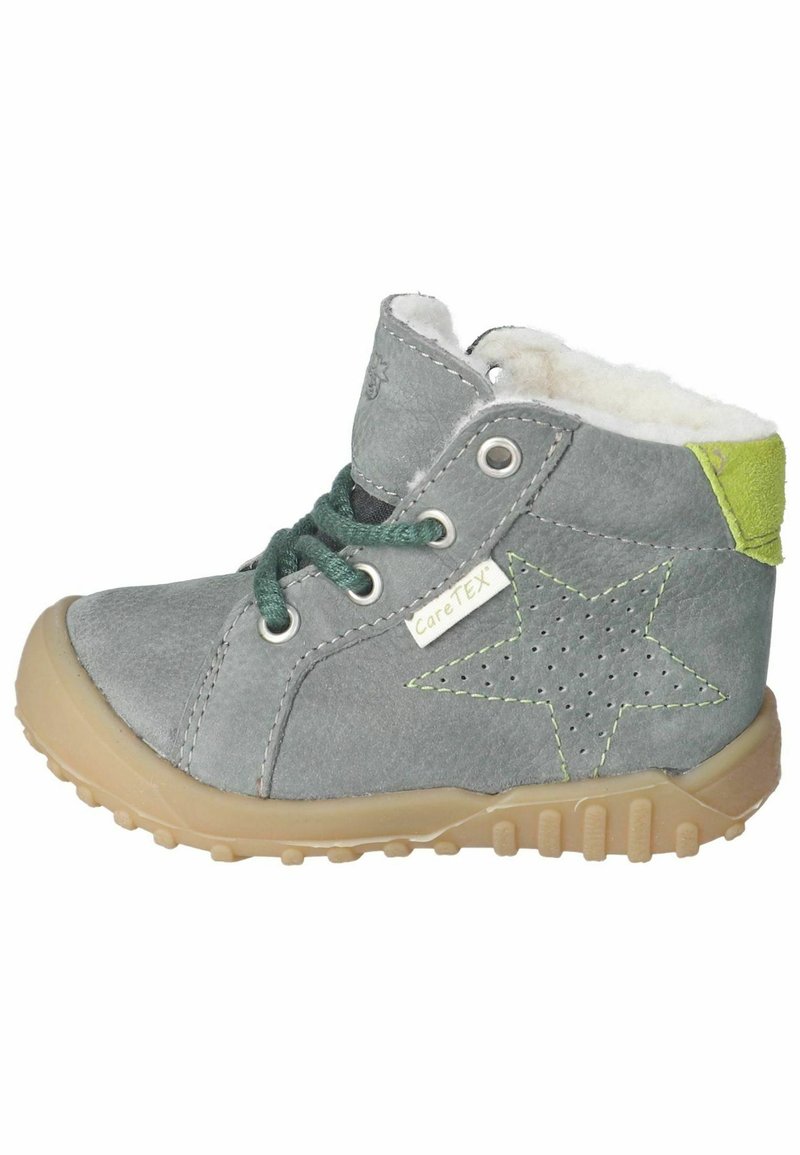 Stivale alla caviglia in pelle grigia con lacci verdi, foderato in pelliccia bianca e design a stella perforata. Presenta una suola in gomma e un accento verde lime.