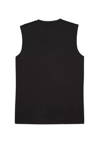 Top senza maniche nero con una texture liscia, scollatura rotonda e orlo dritto. Design semplice, senza motivi né decorazioni.