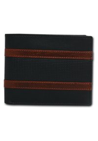 Black leather wallet with textured black panel and two horizontal brown leather stripes. Features neat stitching and a compact rectangular shape.