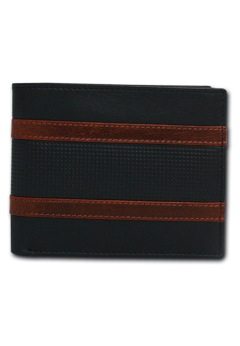 Black leather wallet with textured black panel and two horizontal brown leather stripes. Features neat stitching and a compact rectangular shape.