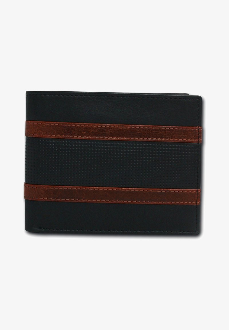 Zwarte leren portemonnee met een gestructureerd zwart paneel en twee horizontale bruine leren strepen. Kenmerkt nette stiksels en een compacte rechthoekige vorm.