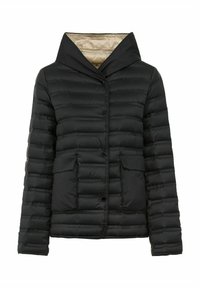 Czarna kurtka puchowa, lekkie materiały, poziome pikowanie, zatrzaski, duże przednie kieszenie, kaptur, gładka podszewka.