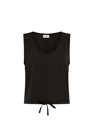 Černý tílko bez rukávů s kulatým výstřihem, na bocích stažené švy a zavazovací detail na lemu. Vyrobeno z měkké, elastické látky pro pohodlí.