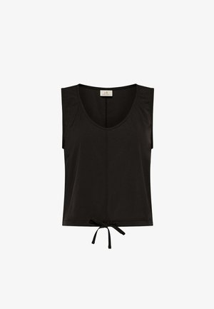 Sort ærmeløs top med rund halsudskæring, indsnørede sidesømme og bindedetalje ved kanten. Fremstillet af blødt, elastisk stof for komfort.