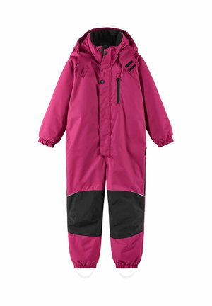 Kinder-Magenta-Einteiler-Skimontur mit schwarzen Knieflicken, Kapuze, Frontreißverschluss, Druckknöpfen, elastischen Bündchen und Fußschlaufen.