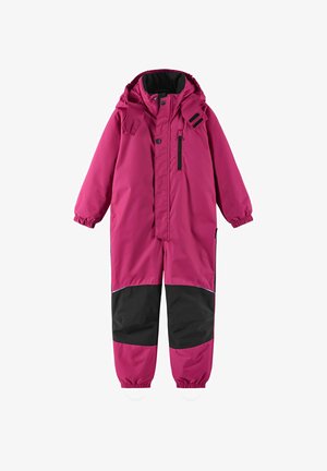 Kinder-Magenta-Einteiler-Skimontur mit schwarzen Knieflicken, Kapuze, Frontreißverschluss, Druckknöpfen, elastischen Bündchen und Fußschlaufen.