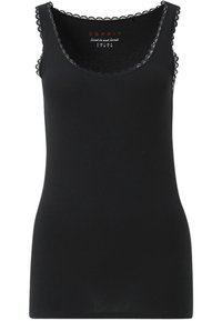 Svart linne i mjukt tyg, med rundad halsringning och fin vågig spetskant runt kanterna. Enkel, lätt design.