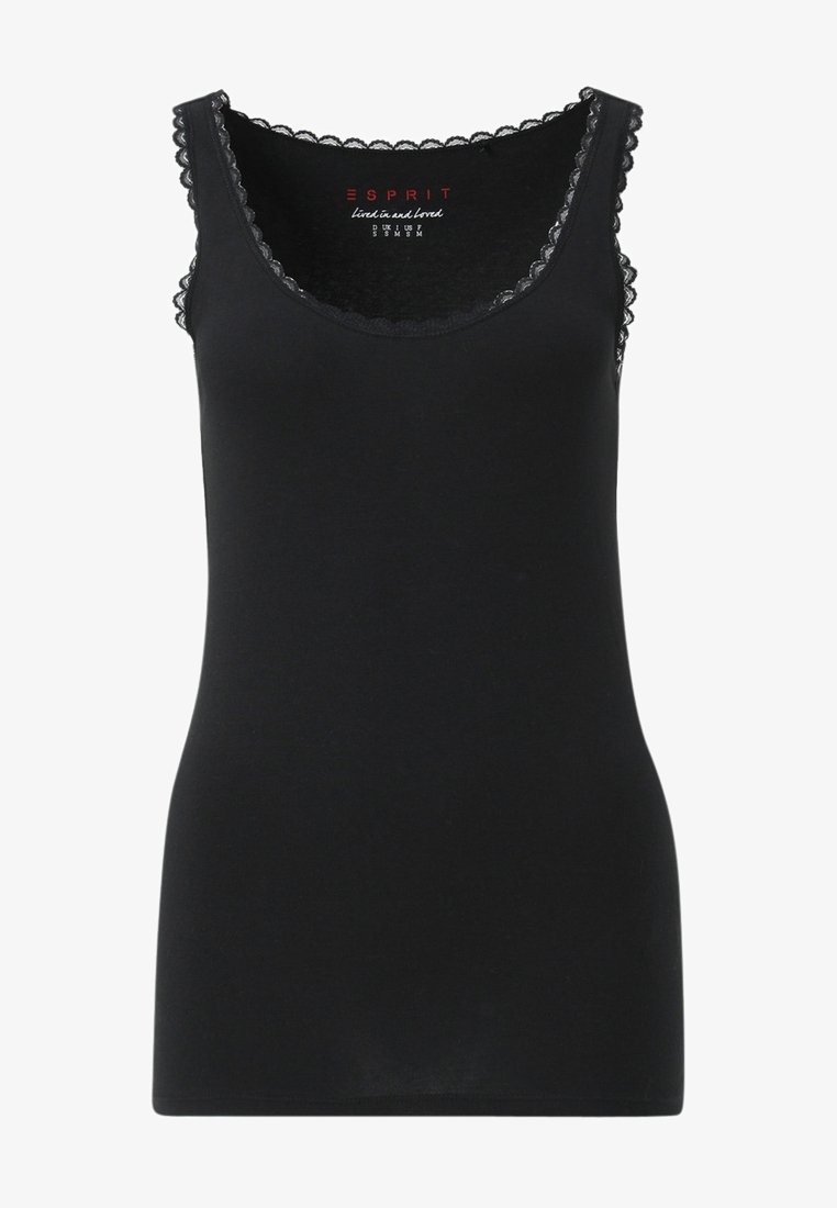 Débardeur noir en tissu doux, présentant un col rond et une délicate bordure en dentelle festonnée le long des bords. Design simple et léger.