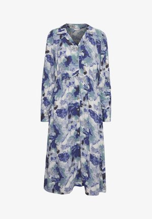 Sukienka zapinana na guziki w niebiesko-zielony abstrakcyjny wzór. Długie rękawy, kołnierzyk, taliowana w pasie i rozkloszowany dół. Lekki materiał.