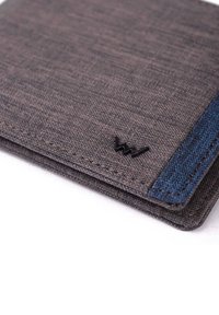 Wallet made of textured gray fabric with a blue accent stripe and a black logo detail. Features a slim, rectangular design.