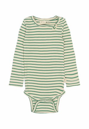 Langærmet body i blød bomuld med grønne og cremefarvede vandrette striber, trykknaplukning i bunden og rund halsudskæring.