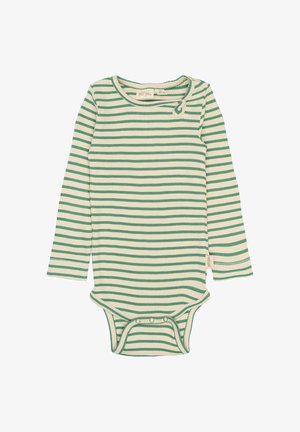 Pitkähihainen haalaripuku pehmeästä puuvillasta, jossa on vihreät ja kermaiset vaaka raidat, nepparit alaosassa ja pyöreä pääntie.