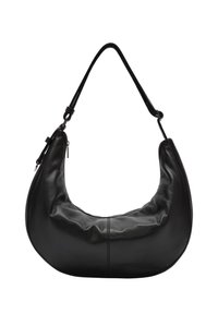 Borsa a tracolla in pelle nera a forma di mezzaluna, con superficie liscia, una sola tracolla e chiusura con zip superiore. Design minimalista.