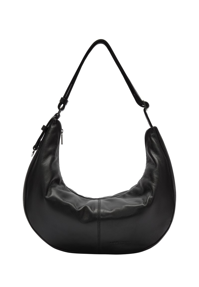 Borsa a tracolla in pelle nera a forma di mezzaluna, con superficie liscia, una sola tracolla e chiusura con zip superiore. Design minimalista.