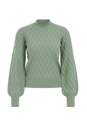 Maglione lavorato a maglia di un verde tenue, con un motivo testurizzato a foglia, colletto alto e maniche lunghe a palloncino con polsini e orlo a costine.
