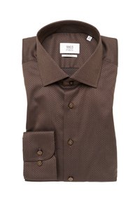 Braunes Slim-Fit-Hemd aus strukturiertem Stoff mit geometrischem Muster, mit Kentkragen und braunen Knöpfen.