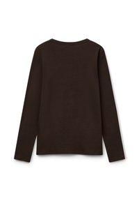 Ciemnobrązowa, długorękawowa koszulka z okrągłym dekoltem, pokazana z tyłu na białym tle.