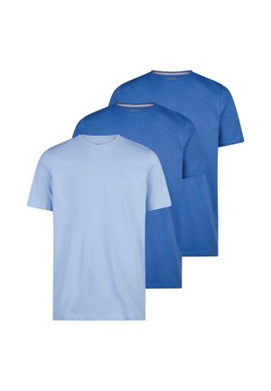 Drei schlichte T-Shirts mit kurzen Ärmeln und Rundhalsausschnitt in Hellblau, Mittelblau und Dunkelblau, in überlappenden Reihen angeordnet.
