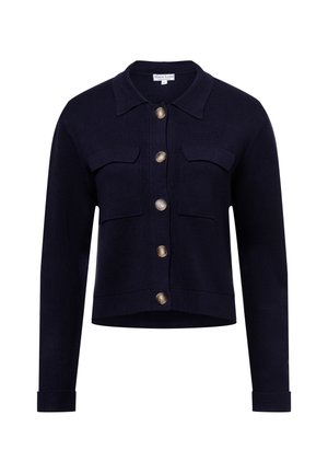 Navy knitted cardigan with a collar, featuring two chest pockets and large gold-tone buttons, cropped design, and long sleeves.