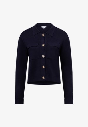 Marineblauer gestrickter Cardigan mit Kragen, zwei Brusttaschen und großen goldfarbenen Knöpfen, verkürzter Schnitt und langen Ärmeln.