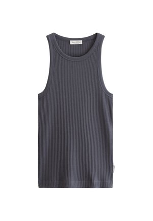 Donkergrijze, mouwloze geribbelde tanktop met ronde halslijn, voorzien van een klein wit stoffen merkje aan de zijkant.