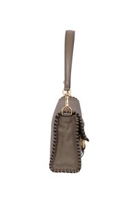 Gray leather handbag with a thick stitched border, slim shape, and a single shoulder strap attached with gold hardware.