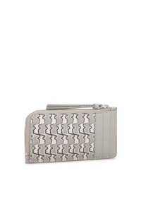 Light gray wallet with a textured surface and patterned fabric featuring wavy lines in shades of gray and purple. Zipper closure and card slots.