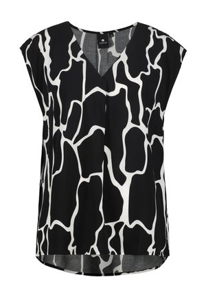 Zwart-wit top met abstracte, organische patronen. V-hals ontwerp, korte mouwen en een losse fit. Materiaal lijkt lichtgewicht en glad.