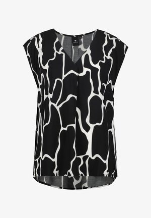Zwart-wit top met abstracte, organische patronen. V-hals ontwerp, korte mouwen en een losse fit. Materiaal lijkt lichtgewicht en glad.