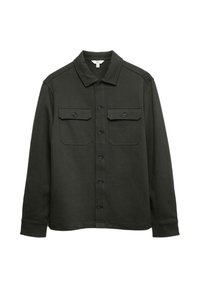 Camicia button-up verde scuro realizzata in tessuto morbido, con colletto classico, due tasche sul petto e bottoni neri. Maniche lunghe.
