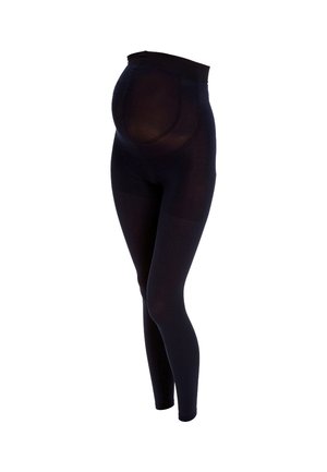 Leggings de maternité noirs avec une taille haute, fabriqués dans un matériau extensible. Texture lisse avec un design ajusté. Pas de motifs visibles.