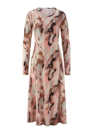 Langärmliges Kleid aus weichem Stoff in einer Pastellfarbpalette mit einem gewundenen abstrakten Muster in den Farbtönen Pink, Braun und Mintgrün.