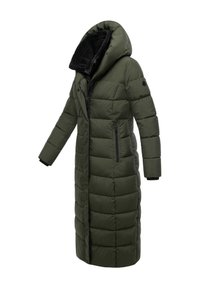 Lång, olivgrön pufferjacka med hög krage och oversized huva. Har dragkedjestängning och sidofickor, med kviltad struktur.