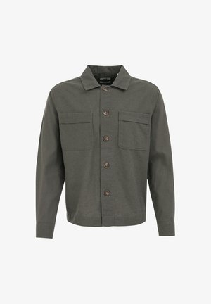 Szara kurtka zapinana na guziki z dwiema kieszeniami na piersi, kołnierzem i długimi rękawami. Wykonana z teksturowanej tkaniny z brązowymi guzikami.