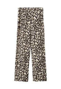 Hlače širokih nogavic v temno rjavi tkanini z kremnim in bež živalskim vzorcem. Mehka tekstura z udobnim krojem in brez vidnih zapenjanj.