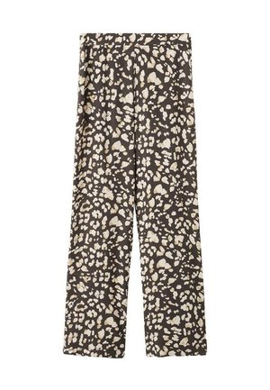 Pantaloni a gamba larga in tessuto marrone scuro con stampa animalier in crema e beige. Texture morbida con vestibilità rilassata e senza chiusure visibili.