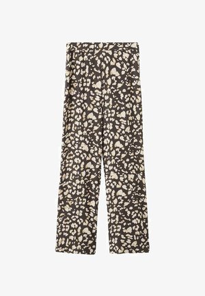 Pantaloni a gamba larga in tessuto marrone scuro con stampa animalier in crema e beige. Texture morbida con vestibilità rilassata e senza chiusure visibili.
