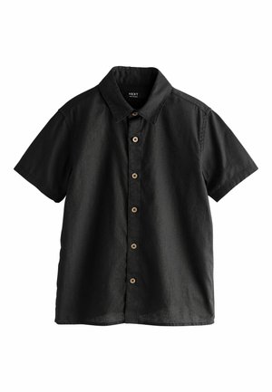 Black short-sleeve linen shirt with a pointed collar and five light brown buttons down the front.