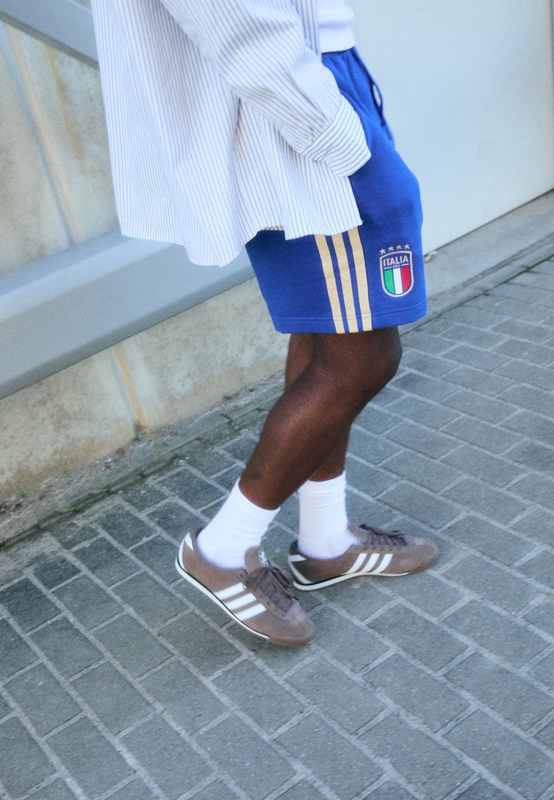 Μπλε αθλητικά σορτς με χρυσές λωρίδες και μπατζάκι "Italia". Καφέ αθλητικά παπούτσια με λευκές λεπτομέρειες. Λευκές κάλτσες μέχρι τον αστράγαλο. Πουκάμισο με κατακόρυφες ρίγες.