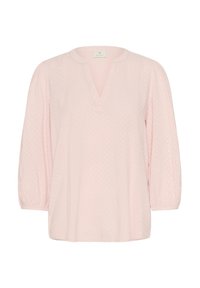 Lyserød bluse med V-hals og trekvart puffærmer. Struktureret mønster med diskrete prikker. Løs pasform med en buet nederste kant.