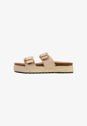 Beige platform slide sandal with two adjustable buckle straps and braided rope sole detailing.
