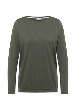 T-shirt à manches longues vert olive à col rond avec un ourlet ajusté et une petite étiquette de marque blanche à l'intérieur du col.