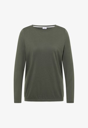 Długim rękawem, oliwkowa zielona koszulka z okrągłym dekoltem, dopasowanym dołem oraz małą białą metką marki wewnątrz kołnierzyka.